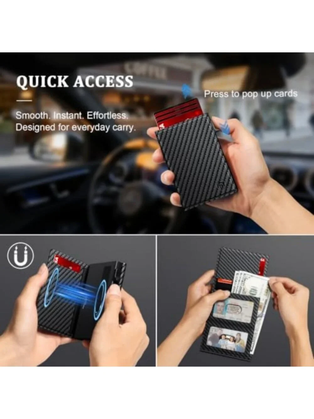 Sleek RFID Blocking Minimalist Wallet for Men, Pop Up Design with 2 ID Windows